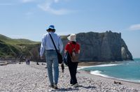 [Translate to Allemand:] A couple seen from behind wearing sun hats walks along a pebble beach toward the dramatic limestone cliffs of Étretat by the blue sea in Normandy.